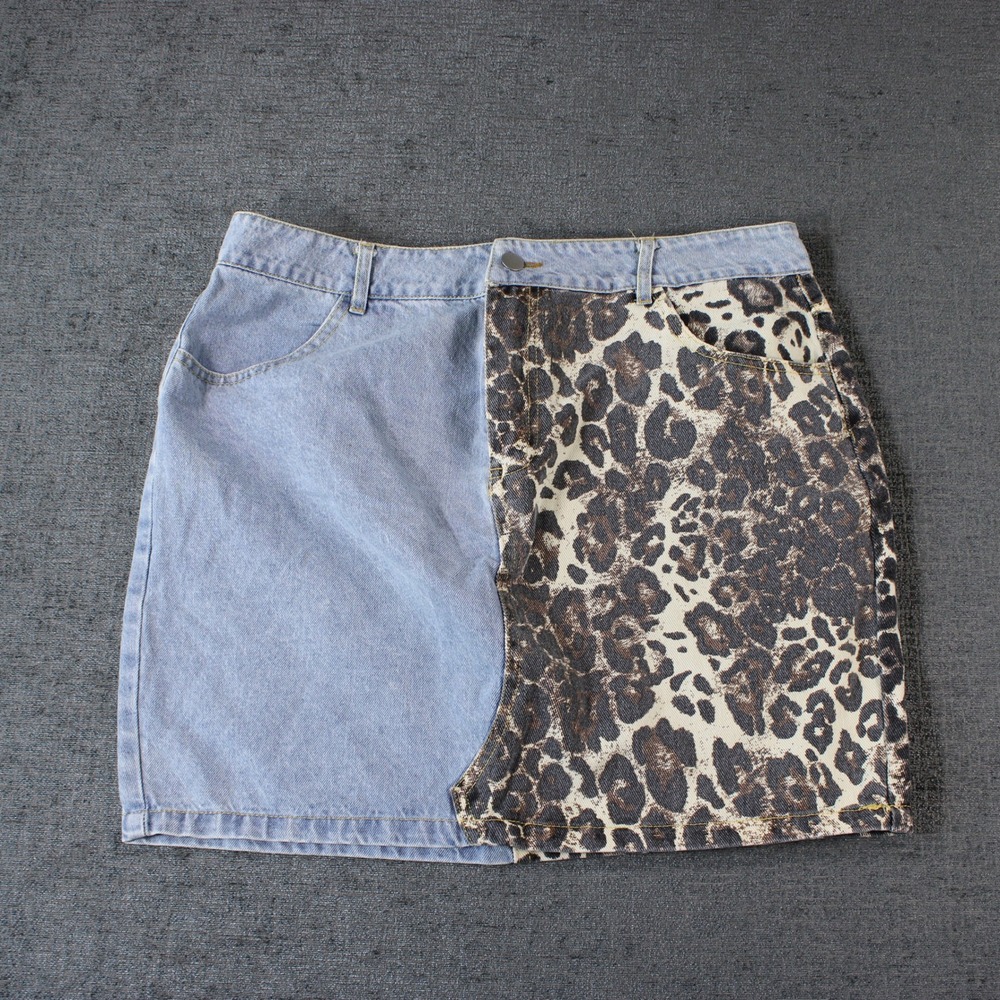 Arkling Womens XL Denim Mini Skirt Two Tone Leopard Print Blue Light Wash Split